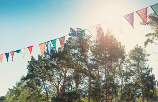 Bunte Wimpelketten zwischen hohen Bäumen im Sonnenlicht – sommerliche, inspirierende Atmosphäre für eine kreative Schreibwerkstatt.